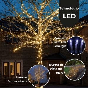 Instalatie de Craciun Liniara Yoto, 22 m, din care 1 m Prelungitor 220V, 300 LED, 8 jocuri de lumini, Controler, Utilizare Interior/Exterior, Fir Negru, Alb Cald - Img 3