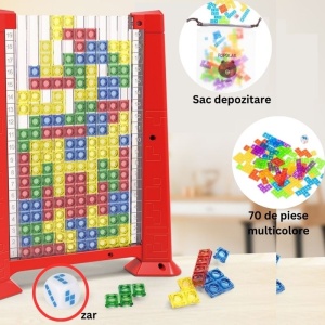 Joc de inteligenta Tetris puzzle tangram Flippy, 70 de piese multicolore, 3D, montessori, interactiv, din plastic, zar inclus, sac depozitare piese, varsta peste 6 ani, 23 x 19.8 x 5 cm, cadru rosu - Img 2