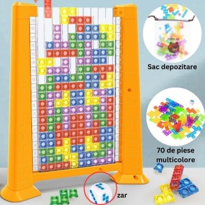 Joc de inteligenta Tetris puzzle tangram Flippy, 70 de piese multicolore, 3D, montessori, interactiv, din plastic, zar inclus, sac depozitare piese, varsta peste 6 ani, 23 x 19.8 x 5 cm, cadru galben - Img 3
