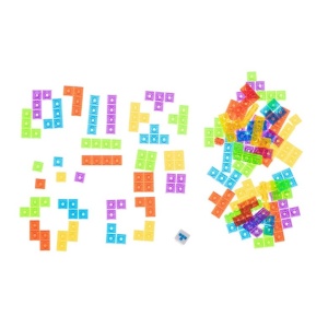 Joc de inteligenta Tetris puzzle tangram Flippy, 70 de piese multicolore, 3D, montessori, interactiv, din plastic, zar inclus, sac depozitare piese, varsta peste 6 ani, 23 x 19.8 x 5 cm, cadru albastru - Img 5