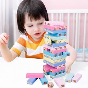 Joc de Societate, Flippy, pentru Copii, din Lemn, Interactiv, Distractiv, Jenga Stack High Blocks, cu Zar, 51 de Piese Animate, 24.5x18x5 cm, Multicolor - Img 11