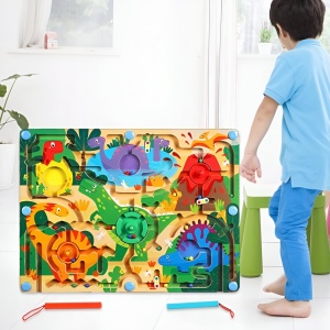 Joc Montessori de Sortare Culori, Flippy, Creion Magnetic, Tip Labirint Ilustrat, din Lemn, Model Dinozauri, 39x29x1.5 cm - Img 5