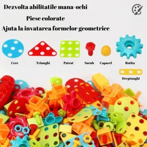Jucarie Educativa Si Interactiva, Flippy, Set De Constructie Puzzle Din ABS Cu Bormasina Pentru Dezvoltatea Creativitatii Si A Indemanarii 2D si 3D, Valiza, +3, 31x7x25 cm, 338 Piese - Img 4