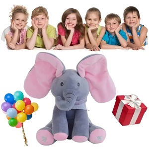 Jucarie Interactiva pentru Copii, Flippy, Elefantel Peek-a-boo, Muzica, Misca Urechile, Alimentare cu Baterii, 30 cm, Roz-Gri - Img 4