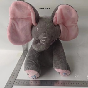 Jucarie Interactiva pentru Copii, Flippy, Elefantel Peek-a-boo, Muzica, Misca Urechile, Alimentare cu Baterii, 30 cm, Roz-Gri - Img 14
