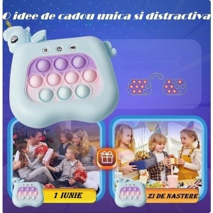 Jucarie Interactiva Tip Consola pentru Copii, Flippy, 12 Nivele, Diferite Moduri de Joc, Material ABS/silicon, cu Nivele, Sunete si Lumini, 13.5 x 5.5 x 12.5 cm, Model Unicorn, Albastru - Img 3