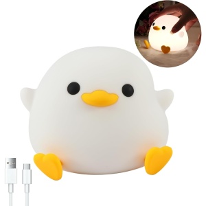 Lampa de Veghe pentru Copii, Flippy, din Silicon, Senzor Tactil, Model Ratusca, Lumina Calda, Timer Automat, Protectie pentru Ochi, Incarcare USB Putere 0.5W, Capacitate Baterie Incorporata 800mAh, 12.2x10.5x9.2 cm, Alb - Img 4