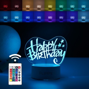 Lampa LED decorativa, Flippy, 3D, Happy Birthday, cu USB si baterii, 20 cm inaltime, din material acril, lumina multicolora si telecomanda inclusa, alb - Img 1