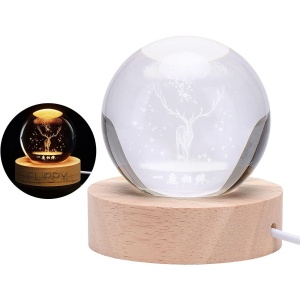 Lampa LED Decorativa, Flippy, cu Bila de Cristal cu Diametru 6cm, Model Cerb 3D, Alimentare USB, Suport din Lemn, Lumina Alb Cald - Img 3