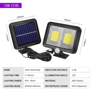 Lampa solara Flippy cu senzor de miscare, 108 COB LED, 2 grile, 2400lm, ip65, negru - Img 2