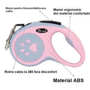 Lesa Automata Retractabila, Flippy, pentru Caini, 5m, 20 kg, ABS, Roz/Gri, 8x12x4 cm - Img 6