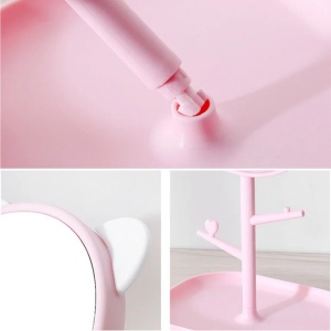 Oglina Cosmetica cu Picior, Flippy, HD, Rotire 360 Grade, 15 cm Diametru, Suport Bijuterii Baza + Brate, Model cu Urechi, 30 x 16.5 x 15 cm, Roz - Img 3