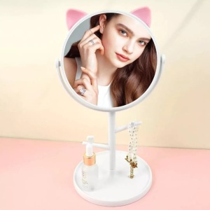 Oglina Cosmetica cu Picior, Flippy, HD, Rotire 360 Grade, 15 cm Diametru, Suport Bijuterii Baza Rotunda + 2 Brate, Model cu Urechi, 31 x 14.5 x 15 cm, din Plastic, Alb - Img 2