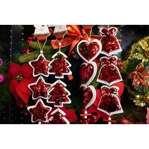 Ornament de brad trei stele cu paiete, Flippy, rosu, lemn, 36 cm - Img 2