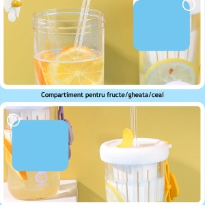 Pahar din silicon, cu capac si pai, pentru copii, Flippy, anti-cadere, compartiment pentru fructe/ceai/gheata, rezistent la temperaturi inalte, 500ml, Alb, 14.5x8.8x20 cm - Img 5