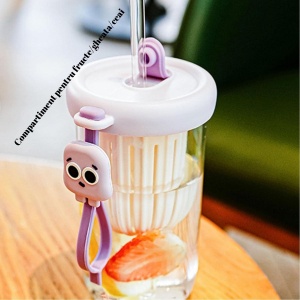 Pahar din silicon, cu capac si pai, pentru copii, Flippy, anti-cadere, compartiment pentru fructe/ceai/gheata, rezistent la temperaturi inalte, 500ml, Mov, 14.5x8.8x20 cm - Img 2