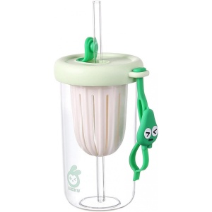 Pahar din silicon, cu capac si pai, pentru copii, Flippy, anti-cadere, compartiment pentru fructe/ceai/gheata, rezistent la temperaturi inalte, 500ml, Verde, 14.5x8.8x20 cm - Img 1