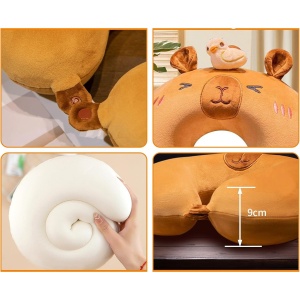 Perna de Calatorie in Forma de U, Flippy, Pentru Gat si Cap, Umplutura din Spuma cu Memorie, 30x30 cm, Model Capybara, Accesoriu de Voiaj, Birou, Masina, Sistem Prindere Capse, Maro - Img 3