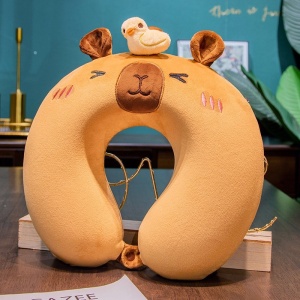 Perna de Calatorie in Forma de U, Flippy, Pentru Gat si Cap, Umplutura din Spuma cu Memorie, 30x30 cm, Model Capybara, Accesoriu de Voiaj, Birou, Masina, Sistem Prindere Capse, Maro - Img 7