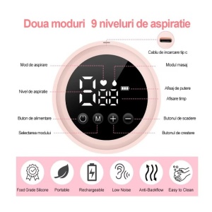 Pompa de San Electrica 2 in 1, Flippy, cu 2 Biberoane, Capacitate 180 ml, Incarcare USB Tip C, 1200 mAh, 2 Moduri, 9 Viteze, Roz Transparent - Img 8