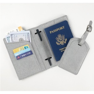 Portofel pentru Pasaport si Carduri, Flippy, 23x16 cm, 70g, din Piele PU, Suport Pix, Accesoriu Suport Eticheta, Unisex, Multifunctional, Argintiu - Img 1