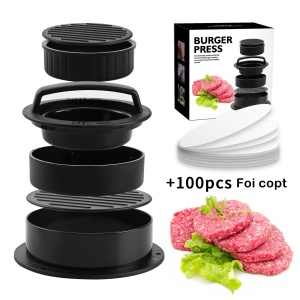 Presa dubla pentru hamburgeri 2 in 1, forma si presa, doua dimensiuni, cu maner, usor de curatat si folosit, material ABS, 100 de foi hartie de copt incluse, 13x13.5x7 cm, fara lipire, neagra - Img 2