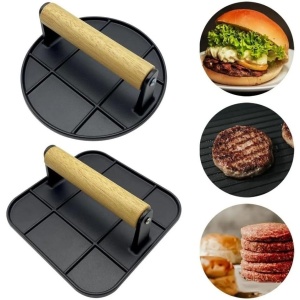 Presa Manuala pentru Carne, Flippy, din Aliaj de Aluminiu, Maner din Lemn, Presa pentru Burgeri, Usor de Curatat si Folosit, Patrata, 16x16x6 cm, Neagra - Img 3