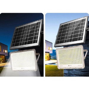 Proiector LED cu Panou Solar Flippy, Senzor de lumina Waterproof, 200W, 29x23 cm, suport U inclus, panou afisaj nivel baterie, telecomand, 220V, Design Modern, Alb - Img 2