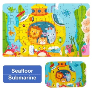 Puzzle 60 de Piese din Lemn in Cutie Metalica, Flippy, Model Submarin, Educativ, Dezvoltare Abilitati Cognitive, pentru Prescolari, 22.5x13.5 cm, Multicolor - Img 7