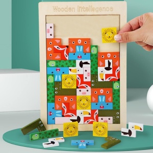 Puzzle din Lemn Flippy, Tip Tetris, +4 Ani, cu Animale Colorate 3D, 40 Piese, Multicolor - Img 3