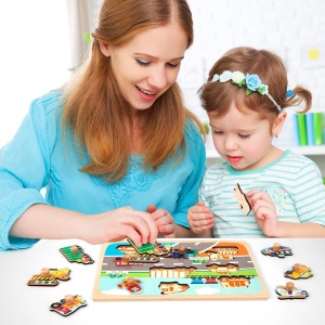 Puzzle Montessori din Lemn pentru Copii, Flippy, 0-3 Ani, 3D, Model Transporturi, Educativ, Intuitiv, Creativ, 9 Piese, 30x22.5x0.8 cm, Multicolor - Img 3