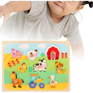 Puzzle Montessori din Lemn pentru Copii, Flippy, 3D, 0-3 Ani, Model Ferma, Educativ, Intuitiv, Creativ, 9 Piese, 30x22.5x0.8 cm, Multicolor - Img 6