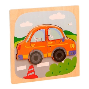 Puzzle Montessori din Lemn pentru Copii, Flippy, 3D, 0-3 Ani, Model Masina, Educativ, Intuitiv, Creativ, 5 Piese, 15x15x0.5 cm, Multicolor - Img 1