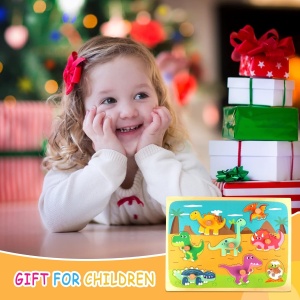 Puzzle Montessori din Lemn pentru Copii, Flippy, 3D, 0-3 Ani, Model Dinozauri, Educativ, Intuitiv, Creativ, 8 Piese, 30x22.5x0.8 cm, Multicolor - Img 2
