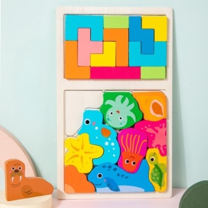 Puzzle Montessori din Lemn pentru Copii, Flippy, Tip Tetris 2in1 +3 Ani, cu Animale Marine Colorate 3D, Educativ, Intuitiv, Creativ, 21 de Piese, 28.5x17x1.2 cm, Multicolor - Img 5