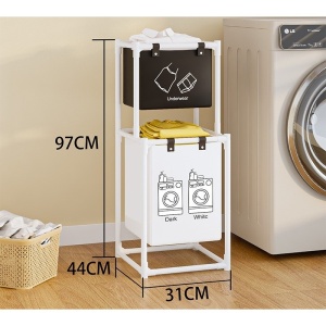 Raft/Cos Depozitare Haine Murdare, Flippy, pentru Baie, cu 2 Etaje, 2 Cosuri, Cadru de Otel Inoxidabil, 97 x 44 x 31 cm, Alb - Img 6