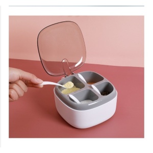 Recipient pentru condimente Flippy, 4 casute, potrivit pentru sare, cimbru, piper, condimente, 4 lingurite din plastic, capac din plastic, maner, 14x14x8 cm, alb - Img 3