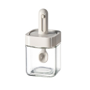 Recipient pentru Depozitarea Condimentelor, Flippy, Borcan din Sticla, Capac si Lingura Incorporate, Uz Casnic, 300 ml, 7.1x7.1x14.8 cm, Gri - Img 1