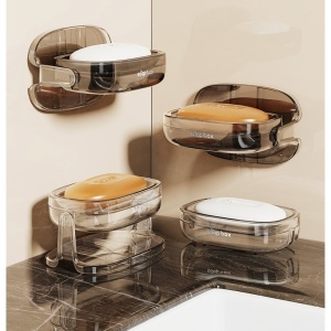 Savoniera cu Suport 2 in 1, Flippy, Pentru Perete sau Blat, PET, Scurgere Optima, GriTransparent - Img 6