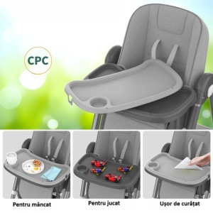 Scaun de Masa pentru Bebelusi si Copii, Flippy, 2 Tavite si Husa Detasabile, Multifuncțional, Stabil, Centura de Siguranta, Inaltime Ajustabila, Spatar Reglabil Moale, Cos de Depozitare, 100x50x80cm, de la 6 Luni, Gri - Img 5