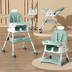 Scaun de Masa pentru Bebelusi si Copii Flippy, cu Roti, cu Tetiera, Telescopic, Pliabil, Masuta Reglabila, Suport Picioare, Scaun cu Invelis Piele Artificiala, Centura Siguranta, Spatiu Depozitare, 97 x 73 x 65 cm, Albastru - Img 2