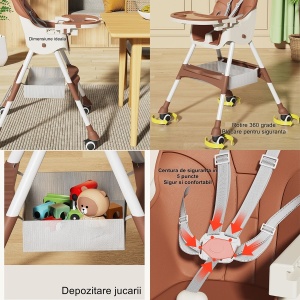 Scaun de masa pentru bebelusi si copii Flippy, cu roti, telescopic, pliabil, masuta reglabila, suport picioare, scaun invelis piele artificiala, centura siguranta, spatiu depozitare, 97 x 73 x 65 cm, maro - Img 2