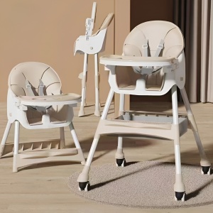 Scaun de Masa pentru Bebelusi si Copii, Flippy, cu Roti, Telescopic, Pliabil, Masuta Reglabila, Suport Picioare, Scaun cu Invelis Piele Artificiala, Centura Siguranta, Spatiu Depozitare, 97x73x65 cm, Bej - Img 2
