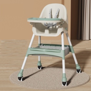 Scaun de Masa pentru Bebelusi si Copii, Flippy, cu Roti, Telescopic, Pliabil, Masuta Reglabila, Suport Picioare, Scaun cu Invelis Piele Artificiala, Centura Siguranta, Spatiu Depozitare, 97x73x65 cm, Verde - Img 5