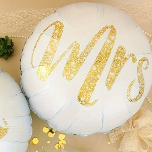 Set 12 Baloane din Folie Metalizata si din Latex, Flippy, Model Mr Mrs, Tema Nunta, Baloane Party cu Confetti, 45 cm, 30 cm, Pai inclus, Umflare cu Aer sau Heliu, Alb/Auriu - Img 5