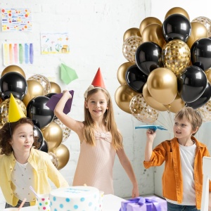 Set 16 Baloane din Latex, Flippy, Model Party, 30 cm, Auriu, Negru, Confetti, 2.8 g - Img 5