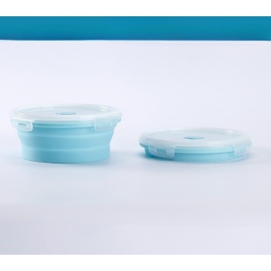 Set 2 caserole rotunde pliabile Flippy, din silicon, rezistenta la temperaturi ridicate, usor de depozitat si curatat, 500 si 800 ml, utilizare in cuptorul cu microunde, albastra - Img 4