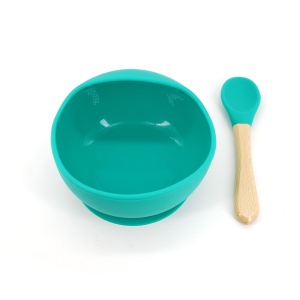 Set 2 piese diversificare bebelusi si copii din silicon Flippy, bol cu ventuza, lingurita din lemn si silicon, pentru gustari, fara alergeni, verde - Img 1