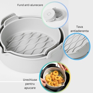 Set 2 tavi din silicon ecologic pentru air fryer Flippy, temperatura maxima 230 grade, reutilizabile, reciclabile, cu manere anti-alunecare, fund antiaderent, 18.7 x 19.5 x 7 cm, gri - Img 2