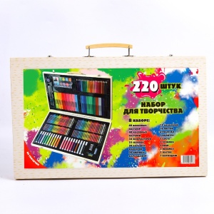 Set 220 Piese pentru Desen si Pictura, Flippy, Tip Servieta din Lemn, Model Natur, 48 x 30 x 5 cm, Multicolor - Img 3